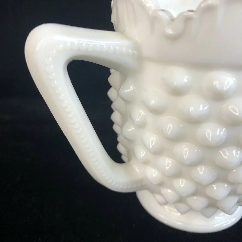 Fenton White Hobnail Milk Glass Creamer‎ Pitcher 4” Tall 8 Ounce Scalloped VTG